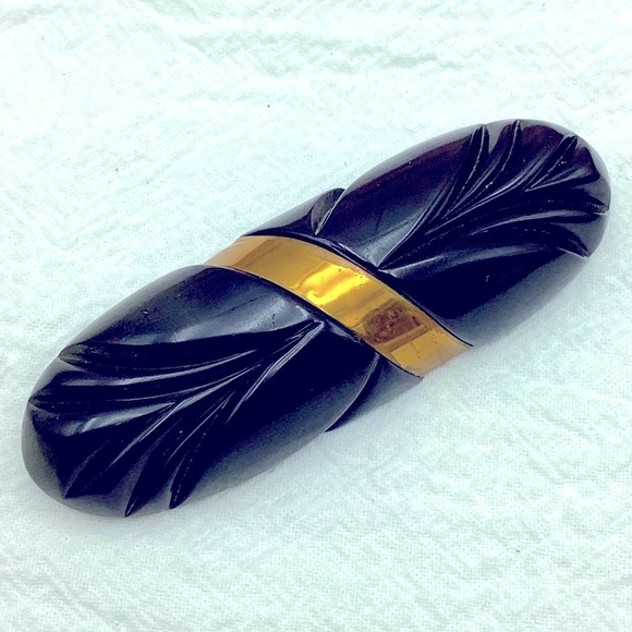 Vintage Mourning Brooch Art Deco Black Bakelite Bar Pin - Picture 3 of 3